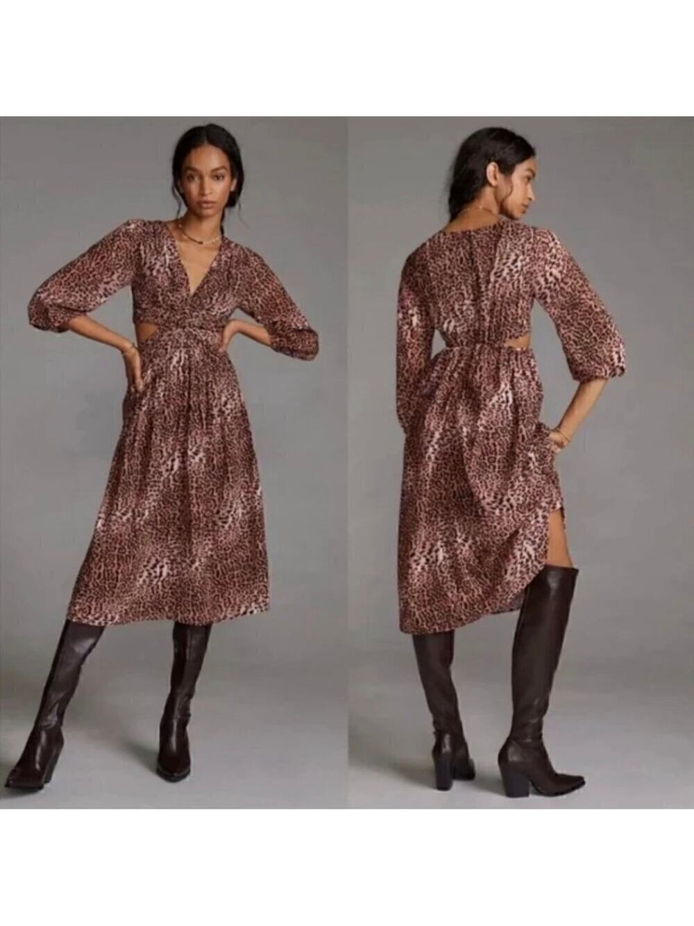Anthropologie Women's Ranna Gill Leopard Cut Out Midi Dress Brown Size M
